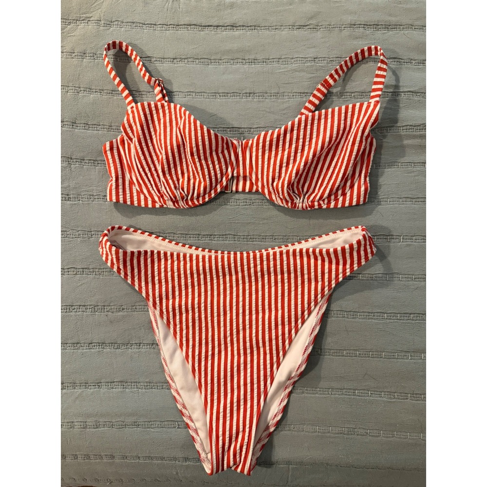 Abercrombie & Fitch Curve Love Red White Seersucker Underwire Bikini Set S